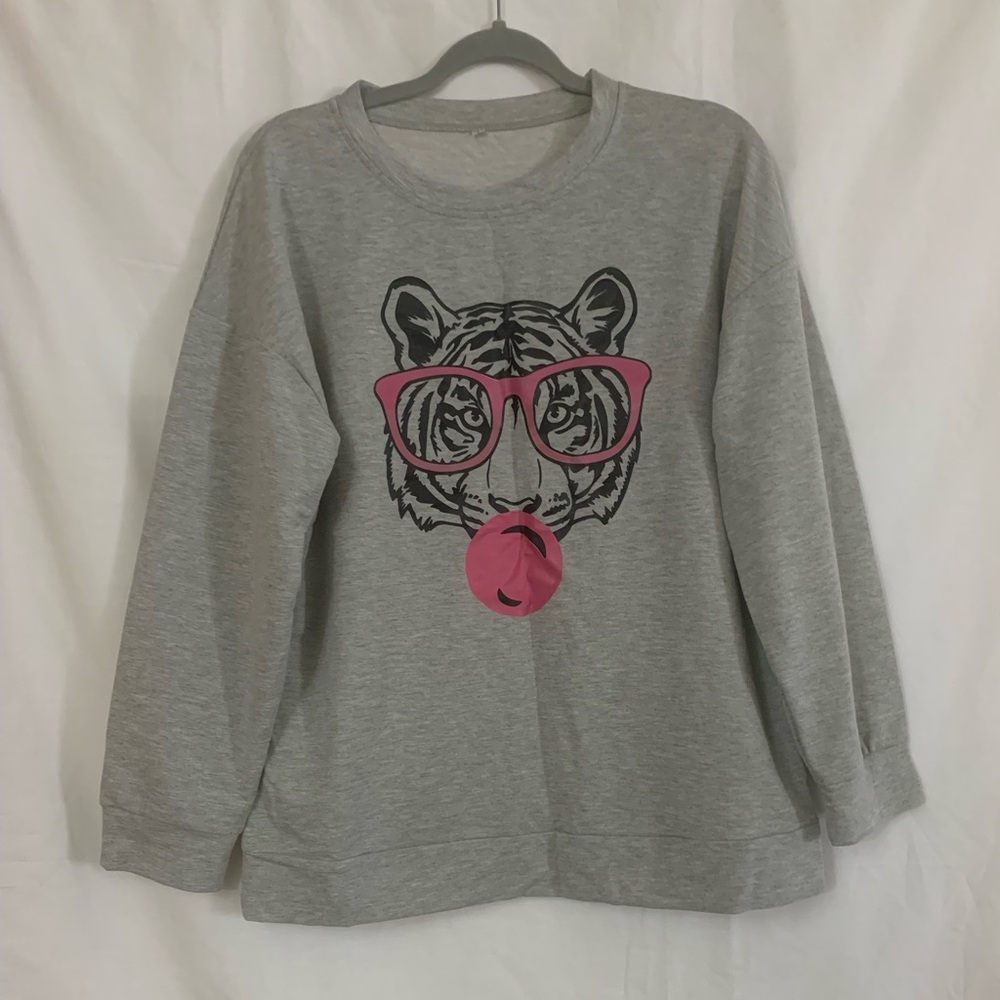 Gray Crewneck with Pink Tiger Design Long Sleeve Size L